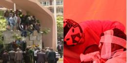 A collage of people attempting to breach Parliament and Red Cross treating Injured people.